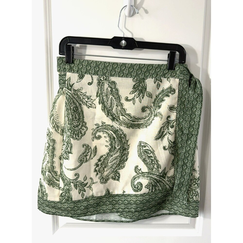 COMMENSE Paisley Print Green Cream Tie Wrap Mini Skirt M boho beach